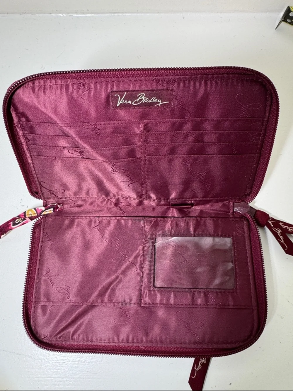 Vera Bradley burgundy and pink paisley fabric wallet with wrist strap. - Picture 5 of 8
